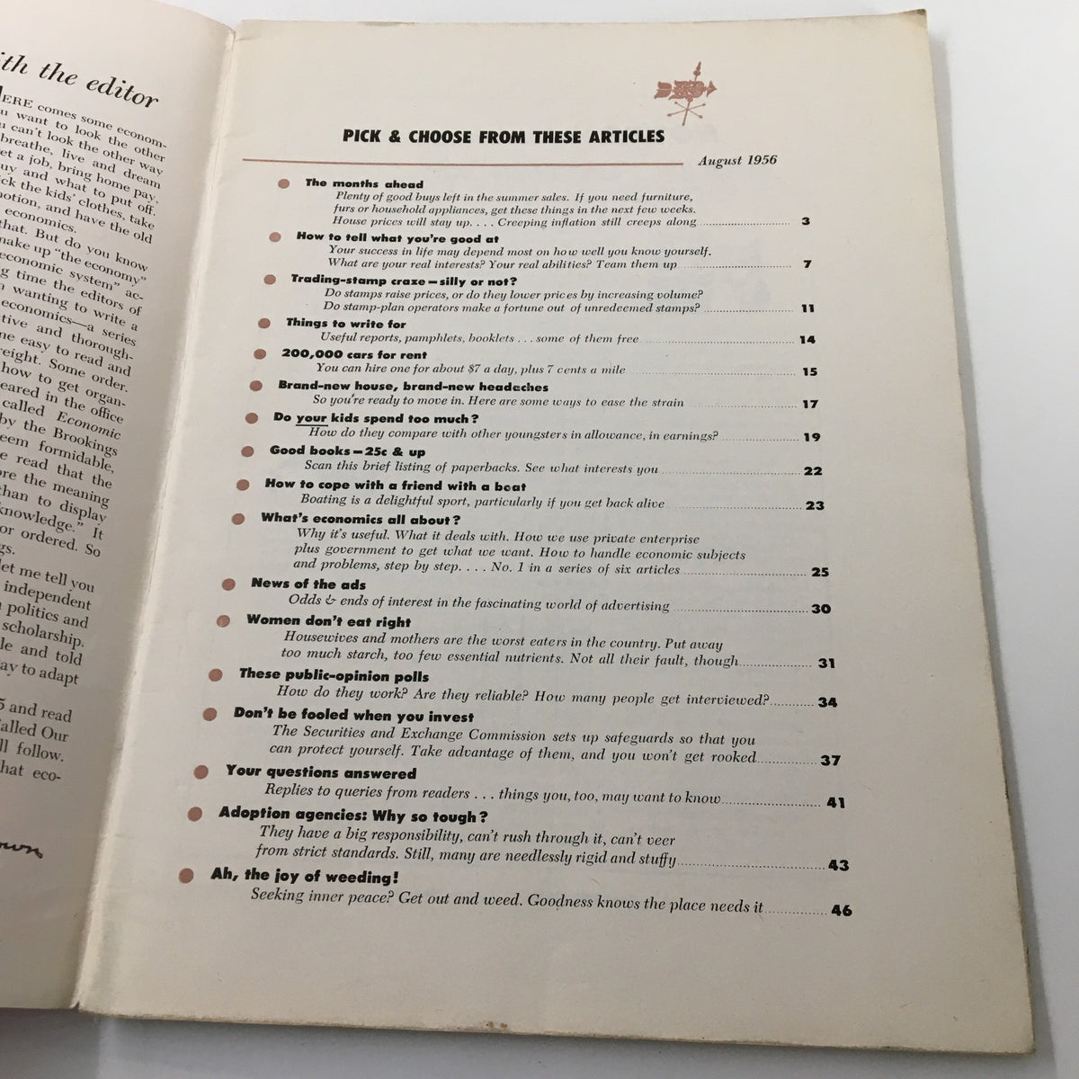 Table of contents page from the VTG Changing Times Magazine August 1956, listing articles including 'How to Tell What You're Good At' and other topics relevant to that era.