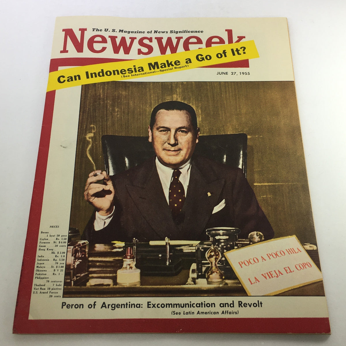 Vintage Newsweek Magazine cover from June 27, 1955, featuring General Juan Domingo Perón, highlighting the political landscape of Argentina in the mid-20th century.