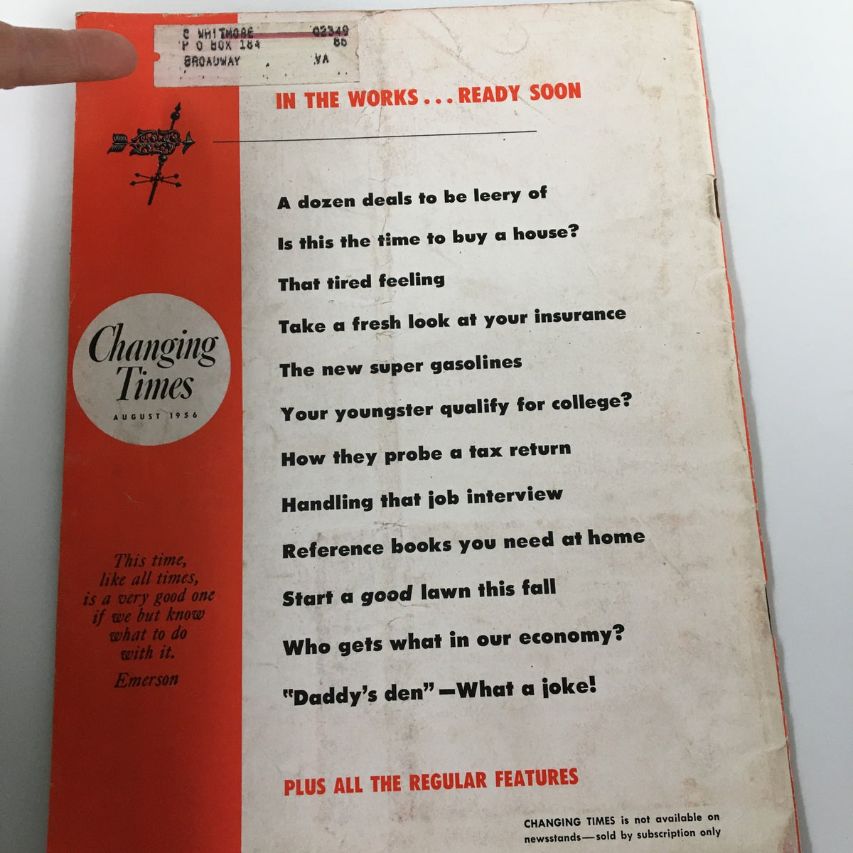 Back cover of VTG Changing Times Magazine from August 1956 featuring content highlights and a vintage design, illustrating topics on personal strengths and societal issues of the time.