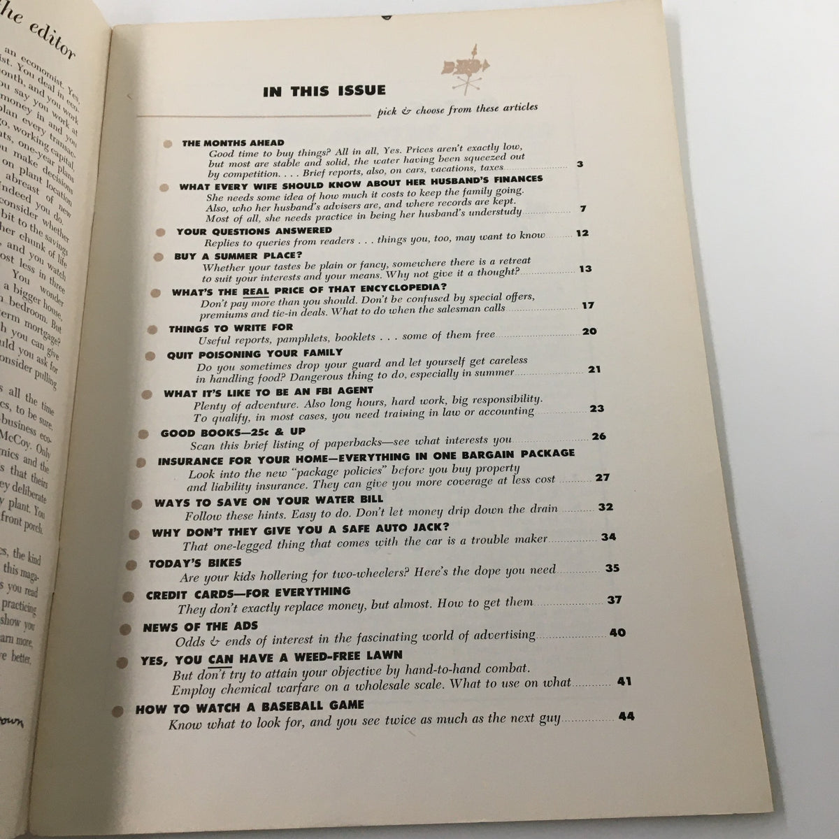Table of contents from the VTG Changing Times Magazine July 1955, featuring articles including 'Ways To Save On Your Water Bill' among various household tips and advice.