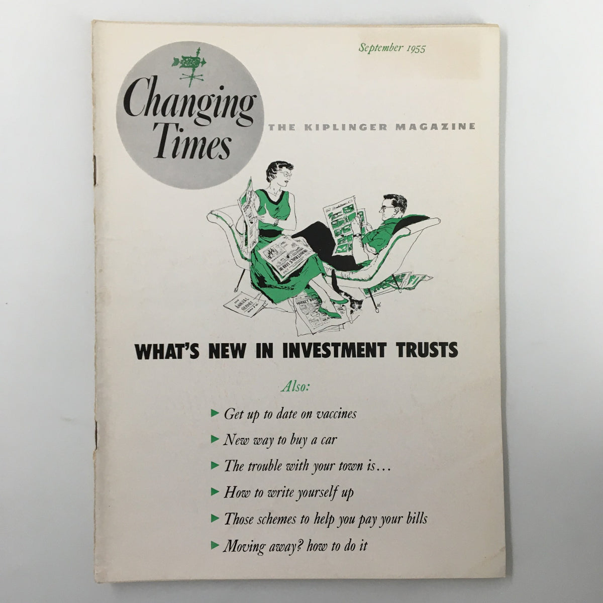 Cover of VTG Changing Times Magazine September 1955 featuring articles on budgeting and financial management in retro design.