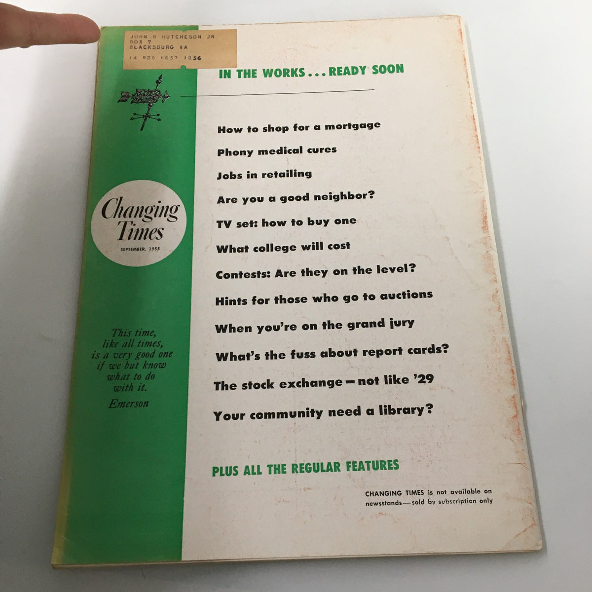 Back cover of VTG Changing Times Magazine from September 1955 showing various article topics related to budgeting, finance, and community. Features a green and white design with list of contents including 'How to shop for a mortgage' and 'Your community need a library?'.