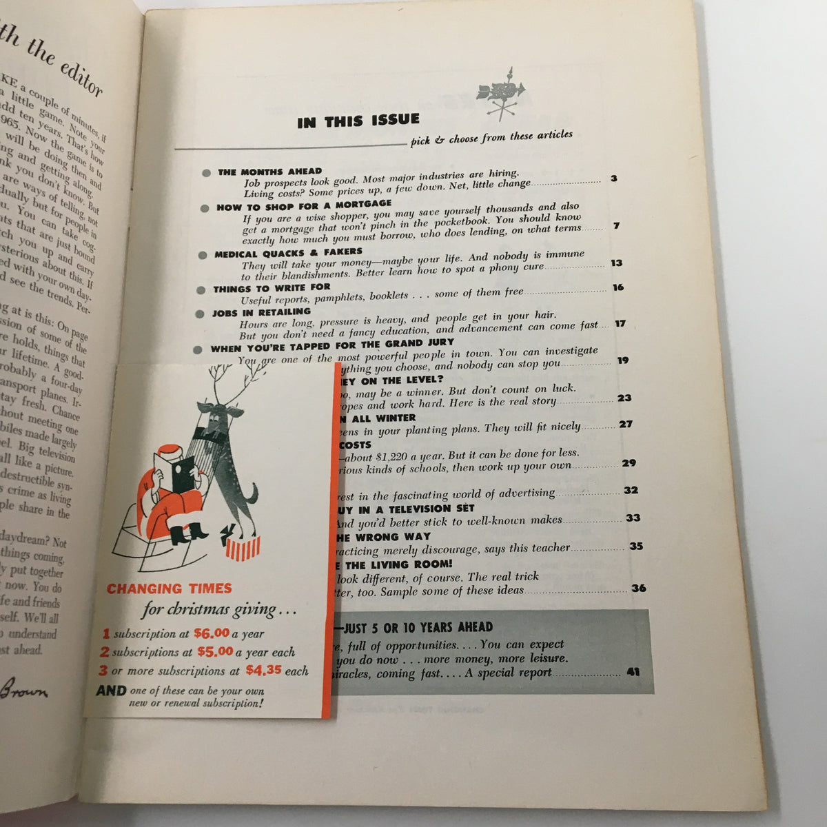 Inside page of VTG Changing Times Magazine October 1955 containing the table of contents, including articles like 'How To Shop For A Mortgage,' 'Medical Quacks & Fakers,' and 'Time To Rearrange The Living Room.'