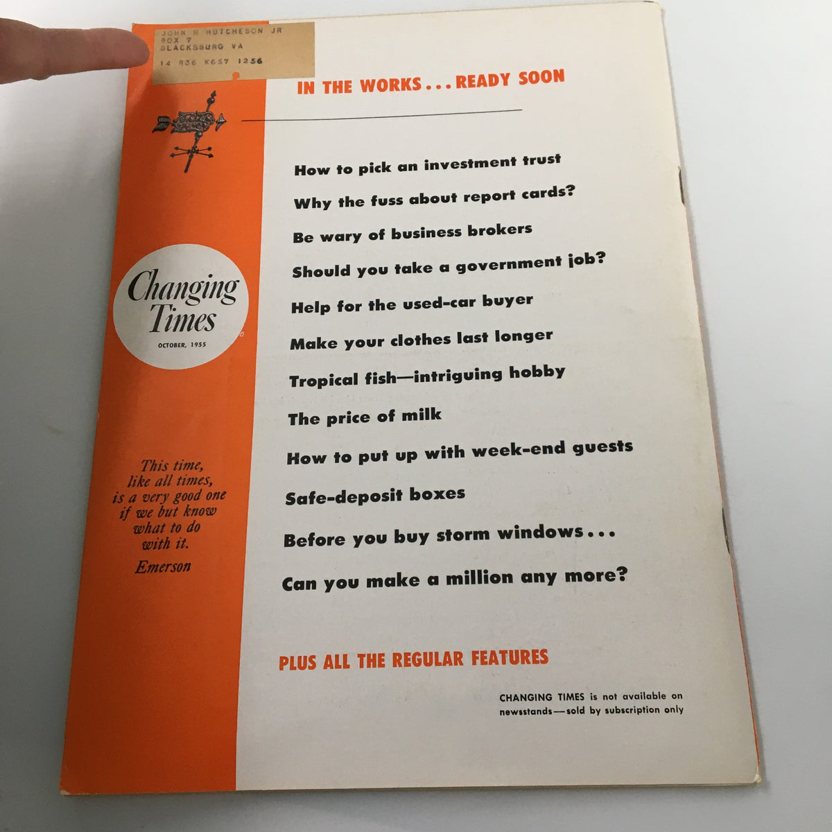 Back cover of VTG Changing Times Magazine October 1955 featuring article titles about lifestyle and finance tips, showcasing mid-century design and typography.