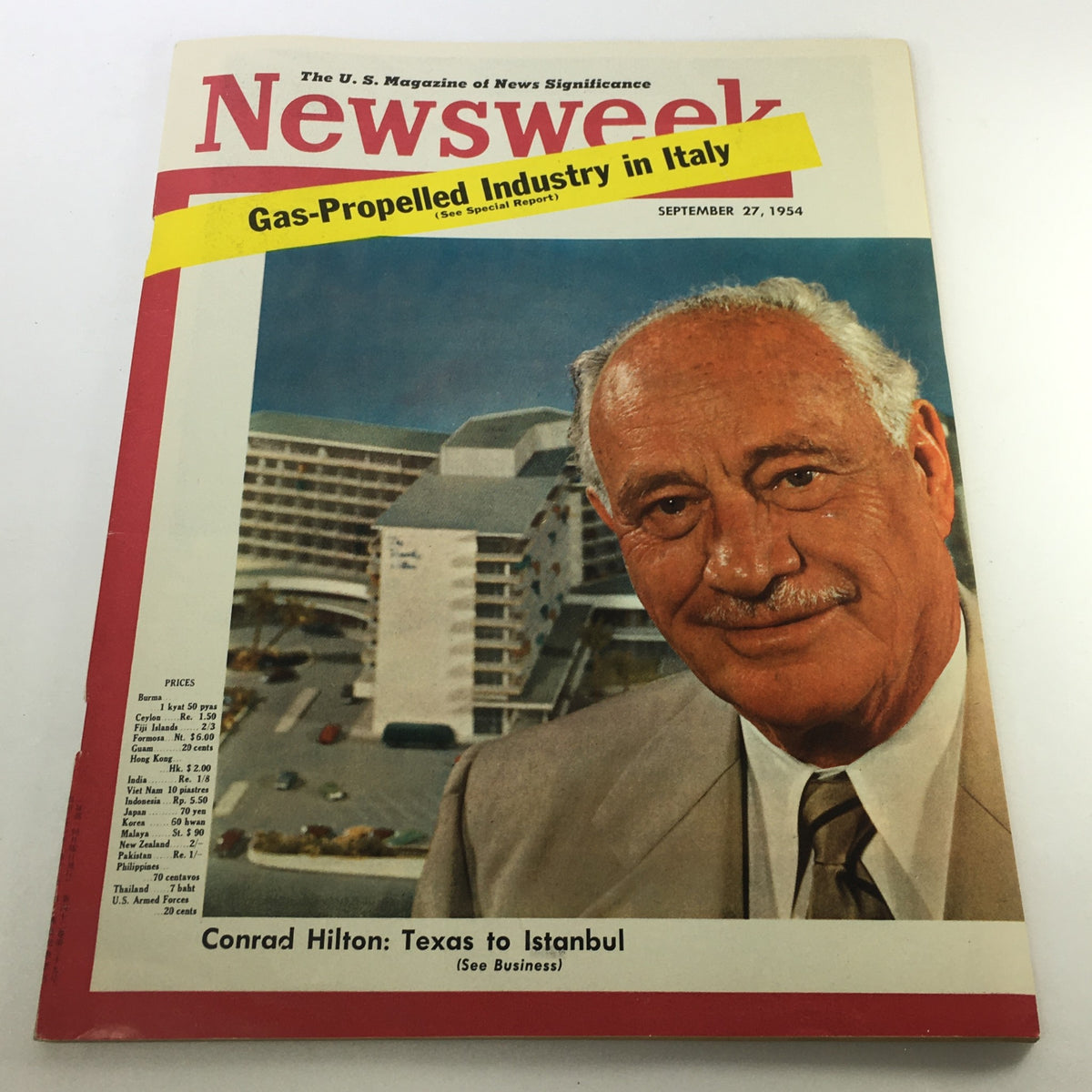 VTG Newsweek Magazine September 27 1954 featuring cover photograph of Conrad Hilton with a backdrop of a modern hotel construction, highlighting the magazine's focus on the hospitality industry and mid-20th century culture.