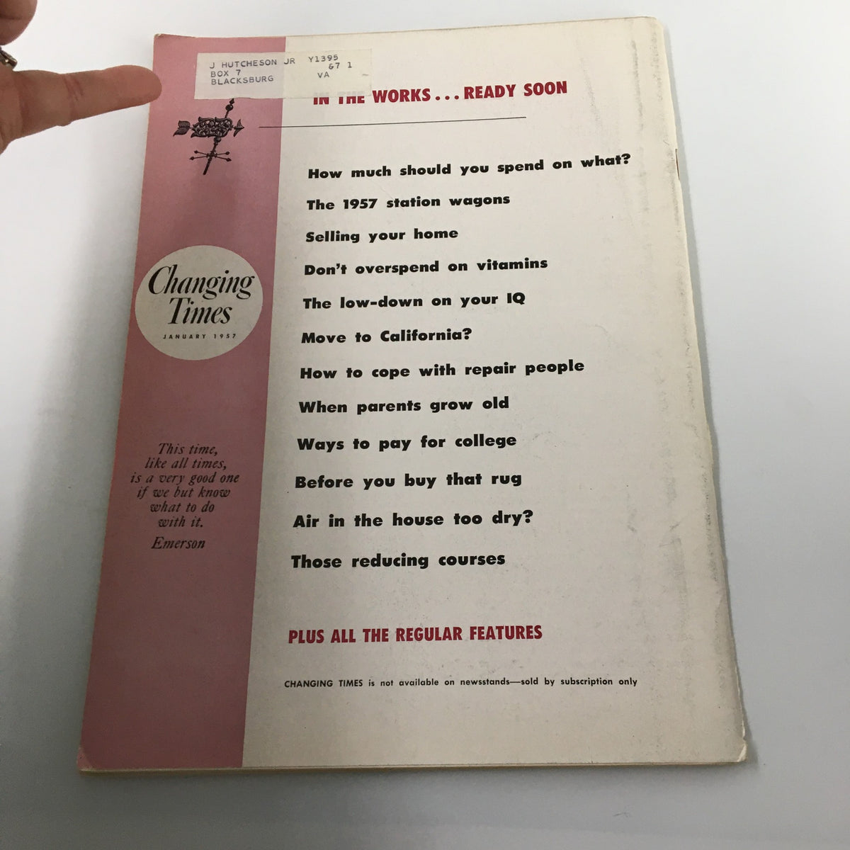Back cover of VTG Changing Times Magazine January 1957, showcasing upcoming article topics and subscription information.