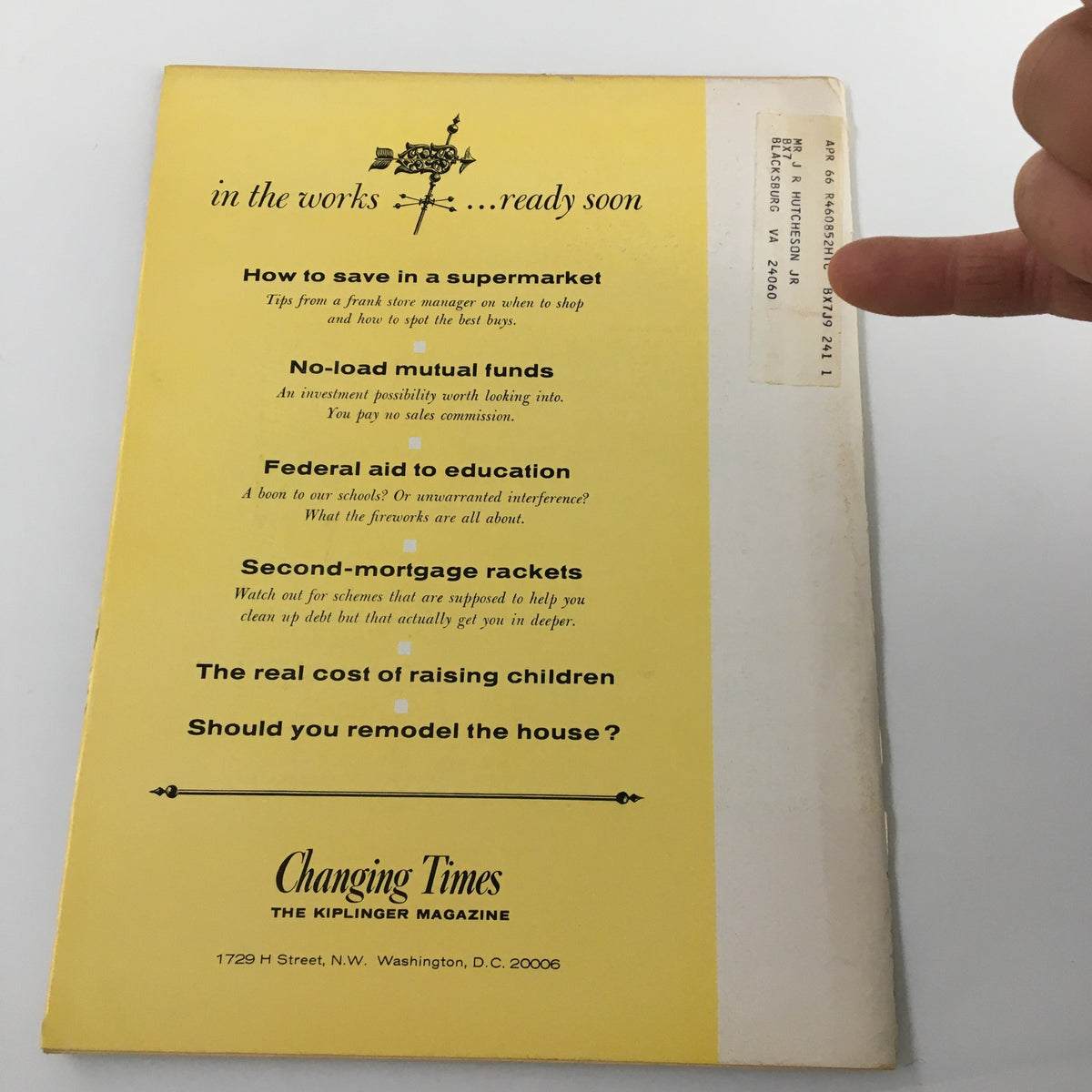 Back cover of January 1965 VTG Changing Times Magazine showing various upcoming topics and an address label from a previous owner.