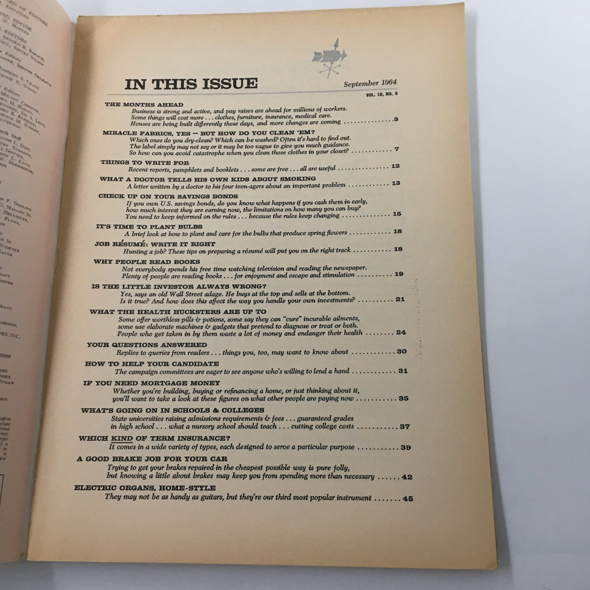 Table of contents from VTG Changing Times Magazine September 1964 outlining articles including 'What A Doctor Tells His Kids About Smoking' and 'If You Need Mortgage Money'.