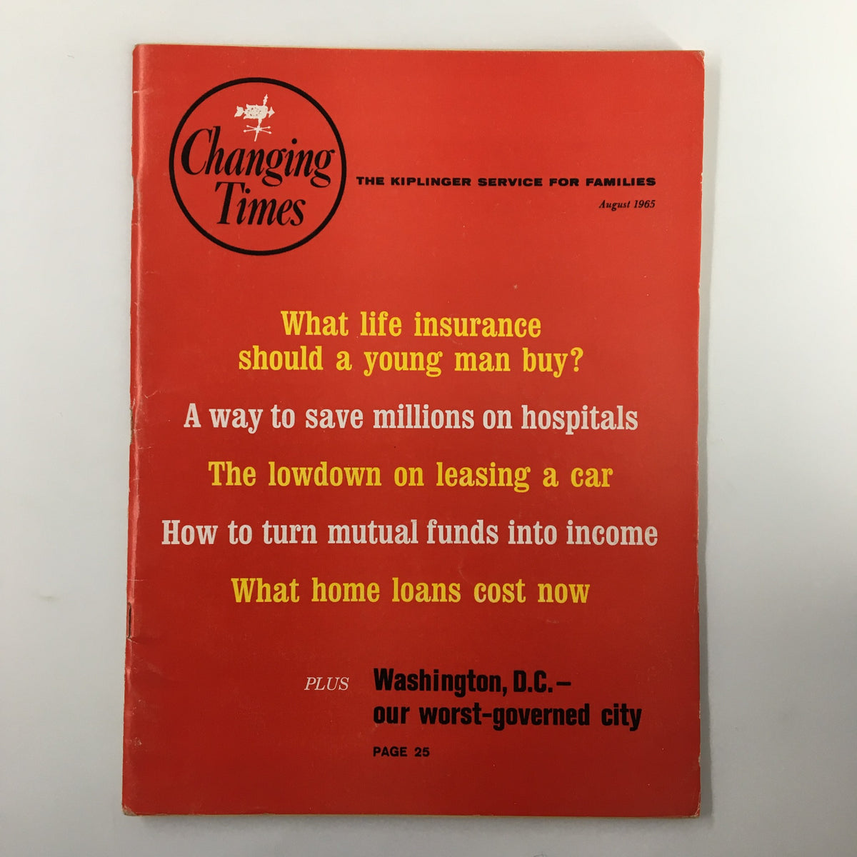 VTG Changing Times Magazine August 1965 cover featuring articles on life insurance, hospital savings, and home loans.
