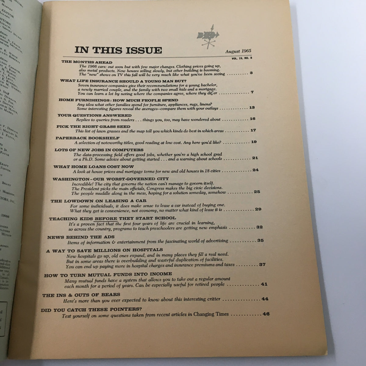 Contents page of VTG Changing Times Magazine August 1965 listing articles including 'A Way To Save Millions On Hospitals' and 'The Lowdown on Leasing a Car.'