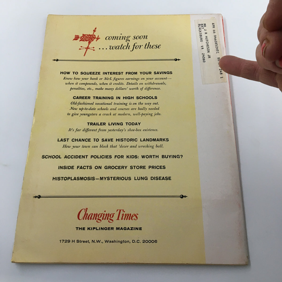 Back cover of VTG Changing Times Magazine August 1965 showcasing upcoming articles including financial advice and historical preservation topics.