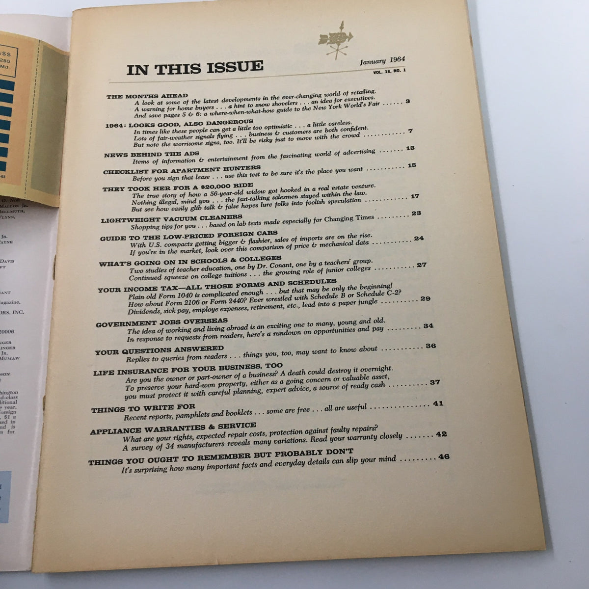VTG Changing Times Magazine January 1964, featuring the table of contents listing articles on apartment hunting, taxes, life insurance, and more.