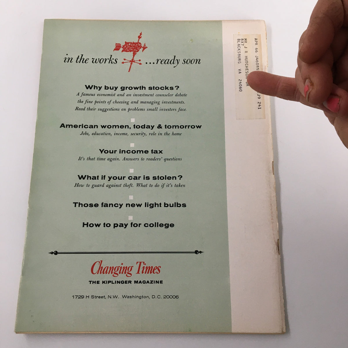 Back cover of VTG Changing Times Magazine January 1964, highlighting upcoming topics such as growth stocks and education for women.