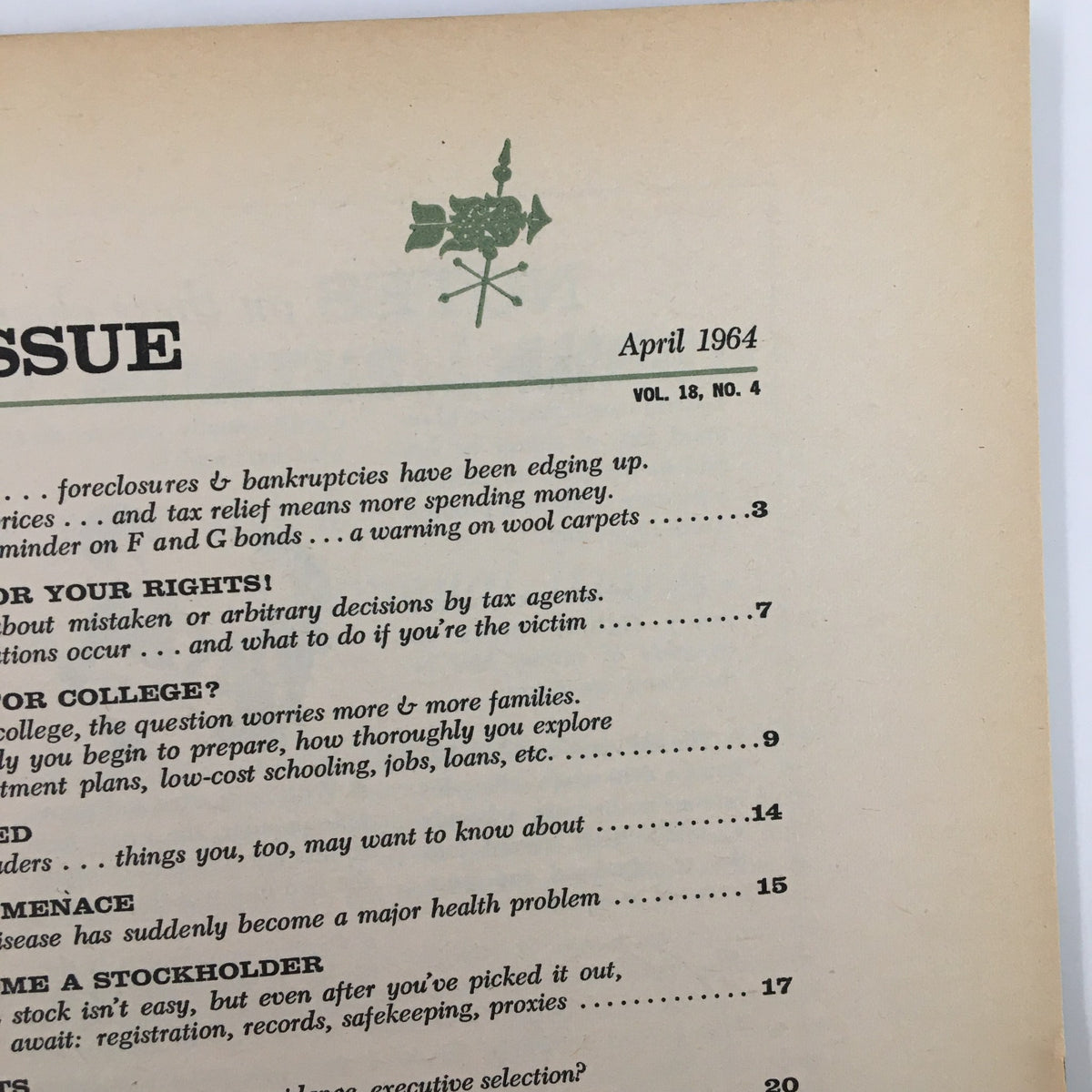 Close-up view of the table of contents from the April 1964 issue of Changing Times Magazine highlighting articles on consumer rights and financial planning.