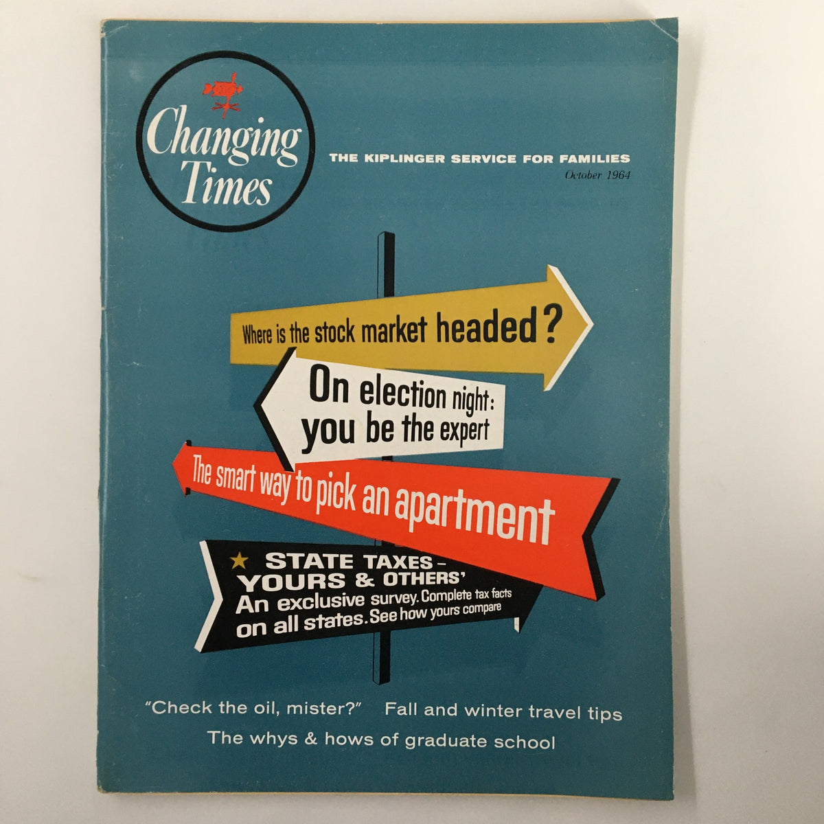 VTG Changing Times Magazine October 1964 cover featuring the article 'The Smart Way To Pick An Apartment' along with headlines about finance and elections.