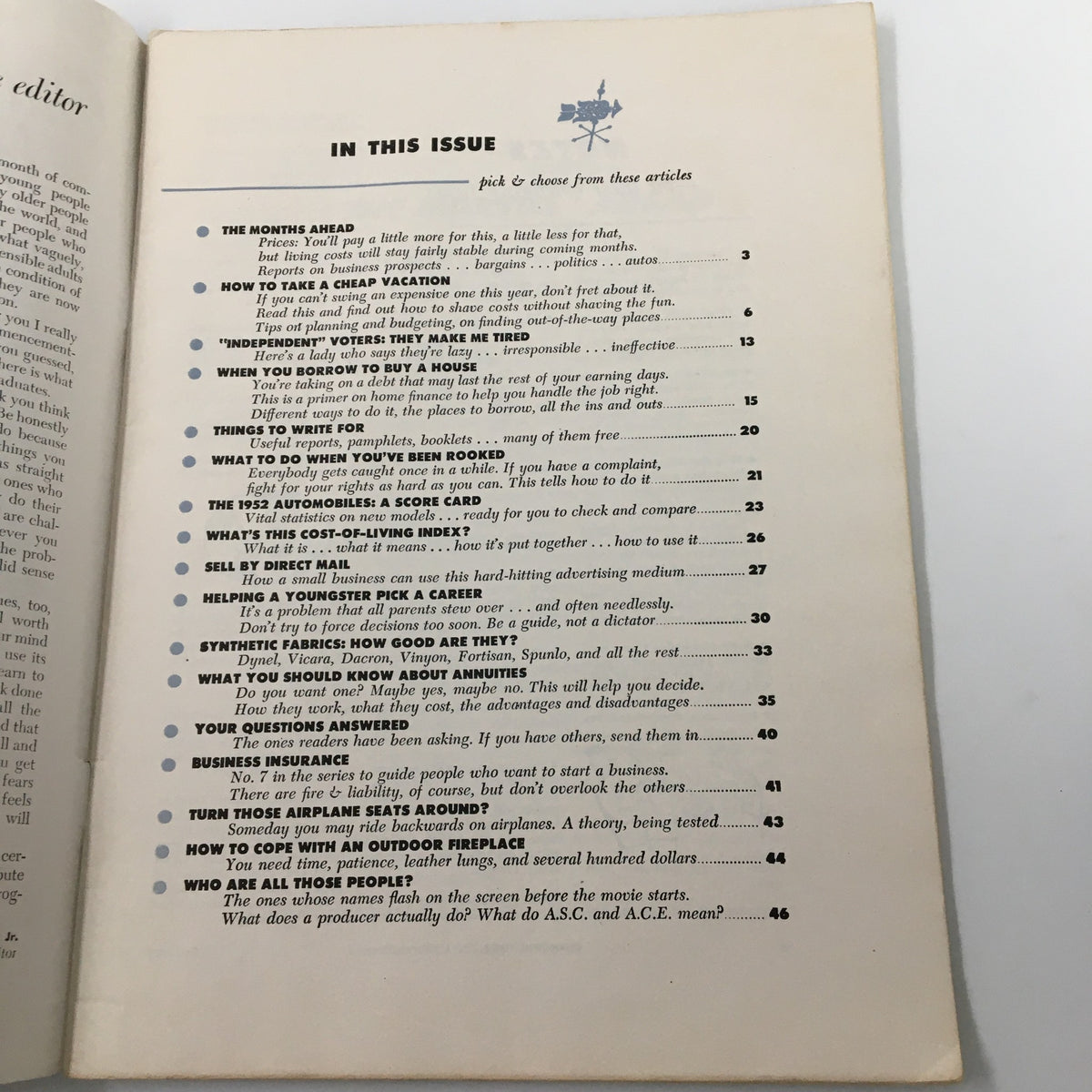 Table of contents page from VTG Changing Times Magazine June 1952 listing various articles including 'How To Take A Cheap Vacation'.