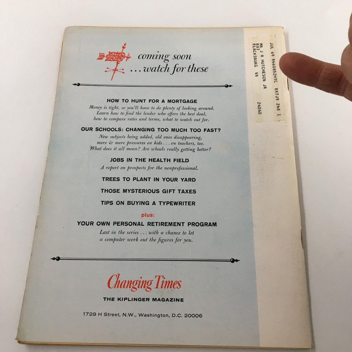 Back cover of VTG Changing Times Magazine August 1966 showcasing upcoming articles including topics such as mortgages, education, gardening, gift taxes, typewriter purchases, and personal retirement planning.