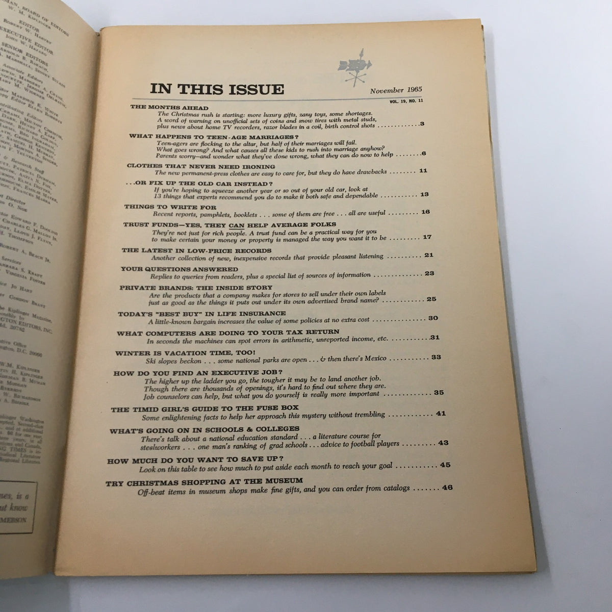 Table of contents for VTG Changing Times Magazine November 1965, highlighting key topics including articles on teen-age marriages and practical advice for families.