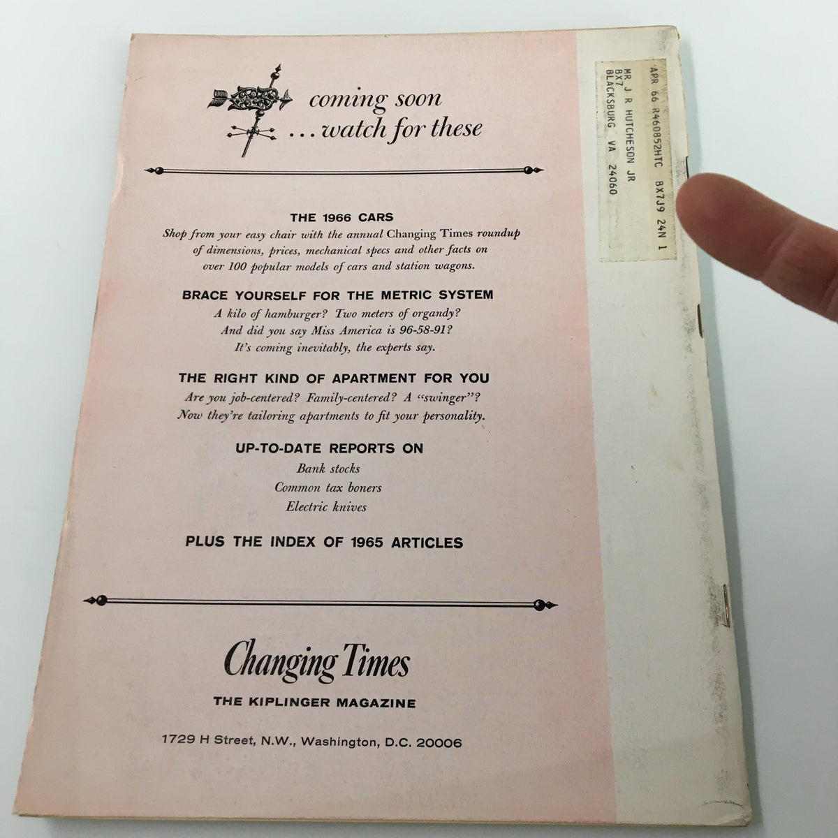 Back cover of VTG Changing Times Magazine November 1965, showcasing teaser for upcoming articles and features related to cars and personal insights.