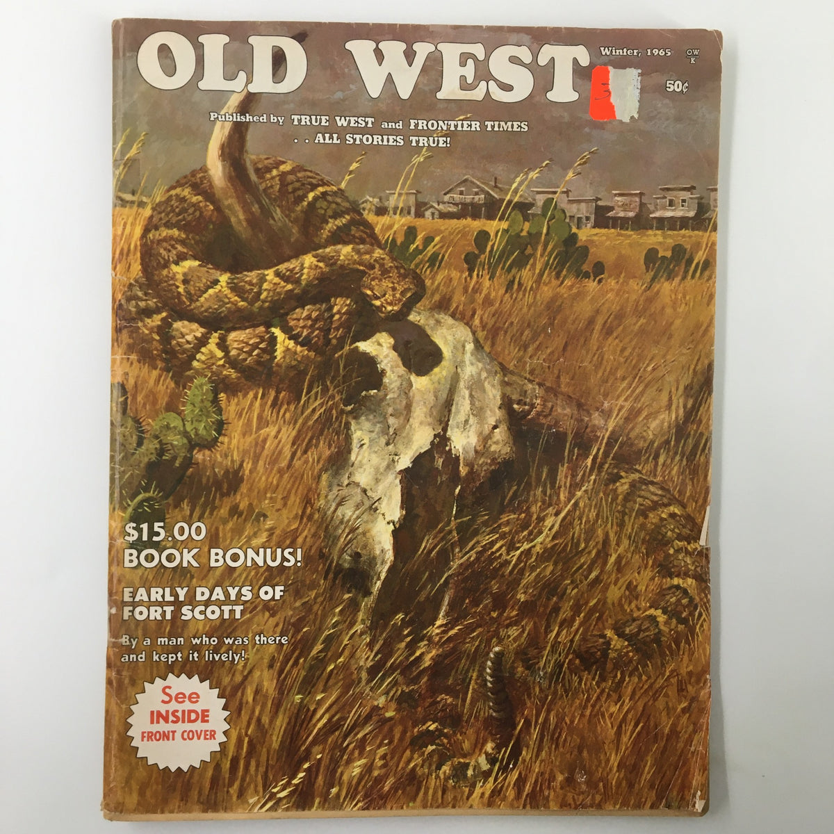 Cover of VTG Old West Magazine Winter 1965 featuring artwork of a rattlesnake and a longhorn skull, highlighting the Early Days of Fort Scott.