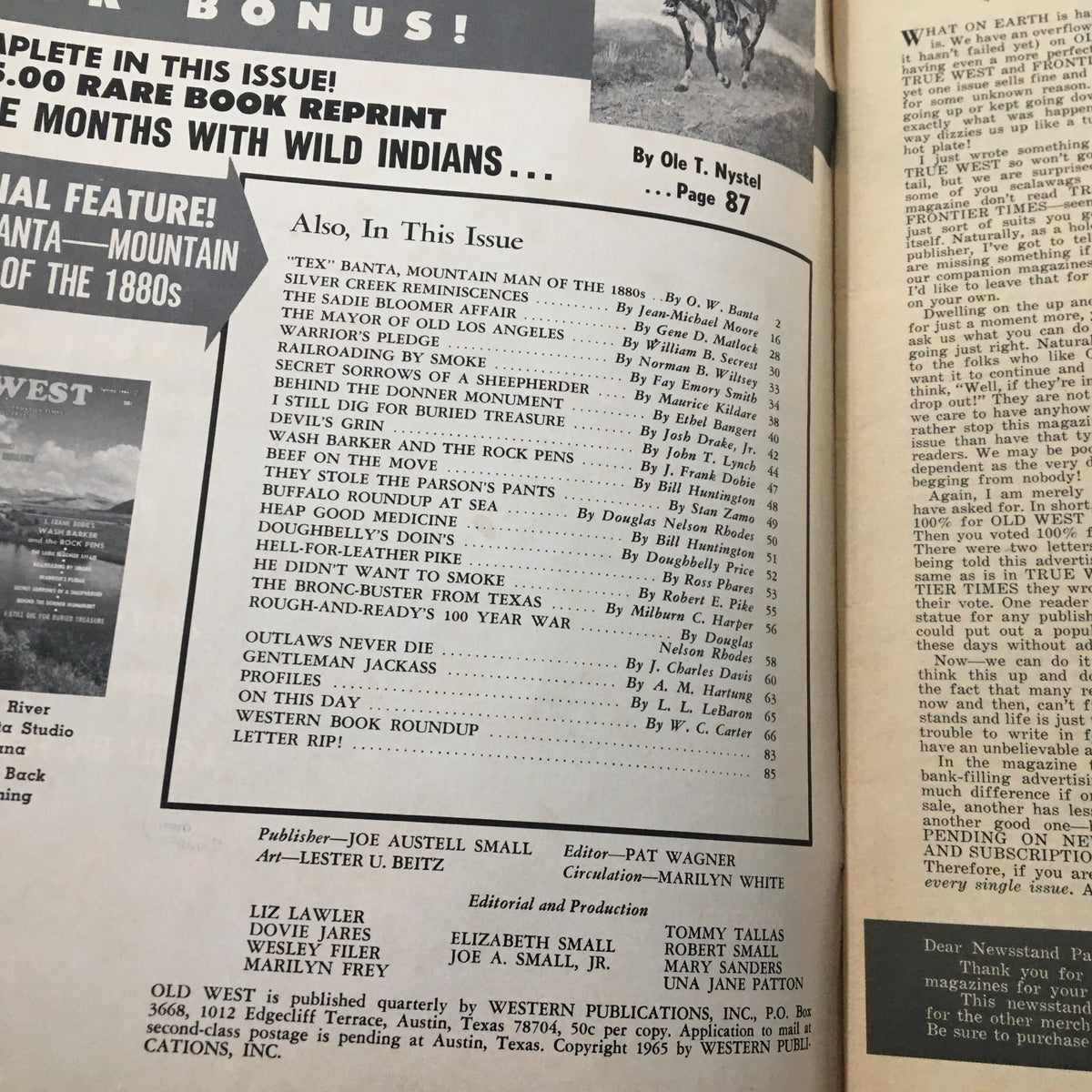 Interior page layout of VTG Old West Magazine Spring 1966, showcasing articles, including Tex Banta's feature and other western stories.