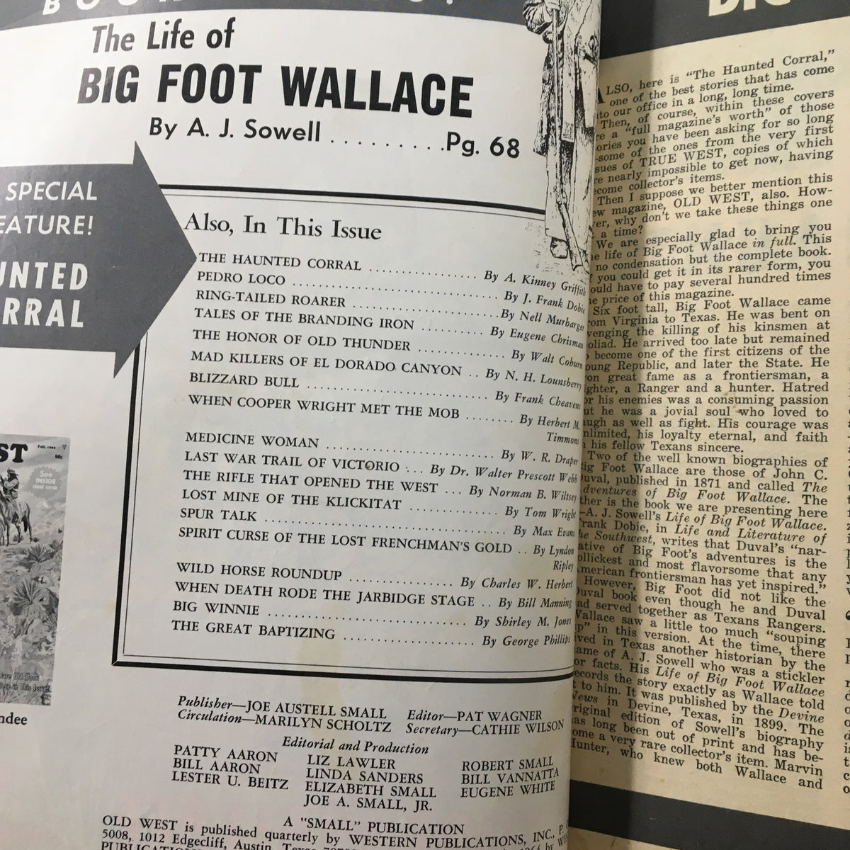 Inside page of the VTG Old West Magazine Fall 1964 detailing articles including 'The Life of Big Foot Wallace' by A.J. Sowell, showcasing the fascinating content and historical significance of the magazine.