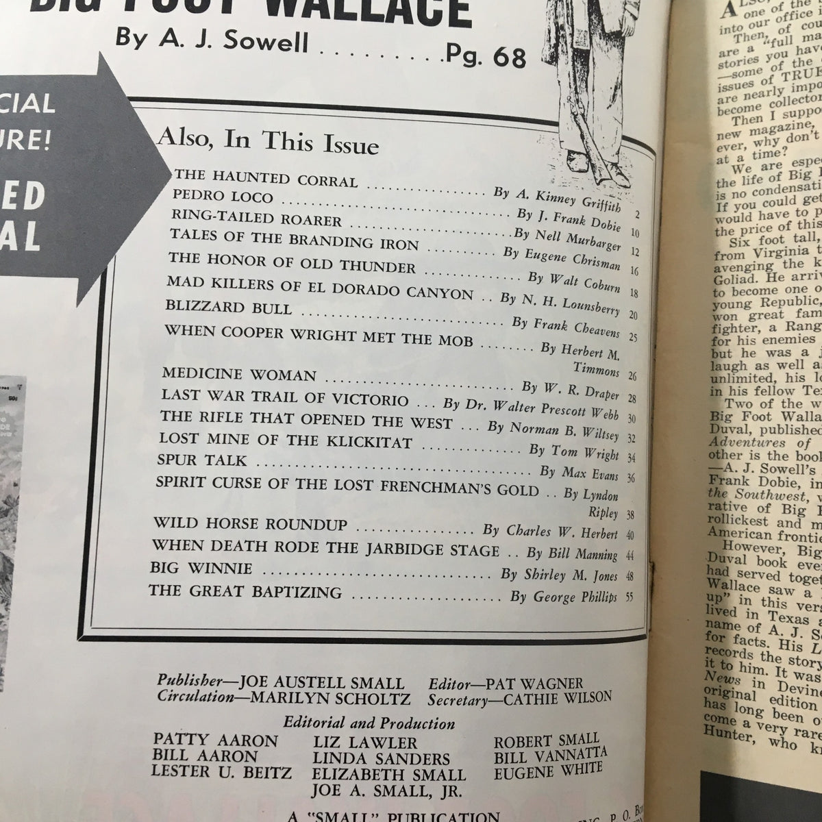 Inside page of VTG Old West Magazine Fall 1964 with a table of contents listing articles, including 'The Rifle That Opened the West', showcasing the magazine's historical significance.