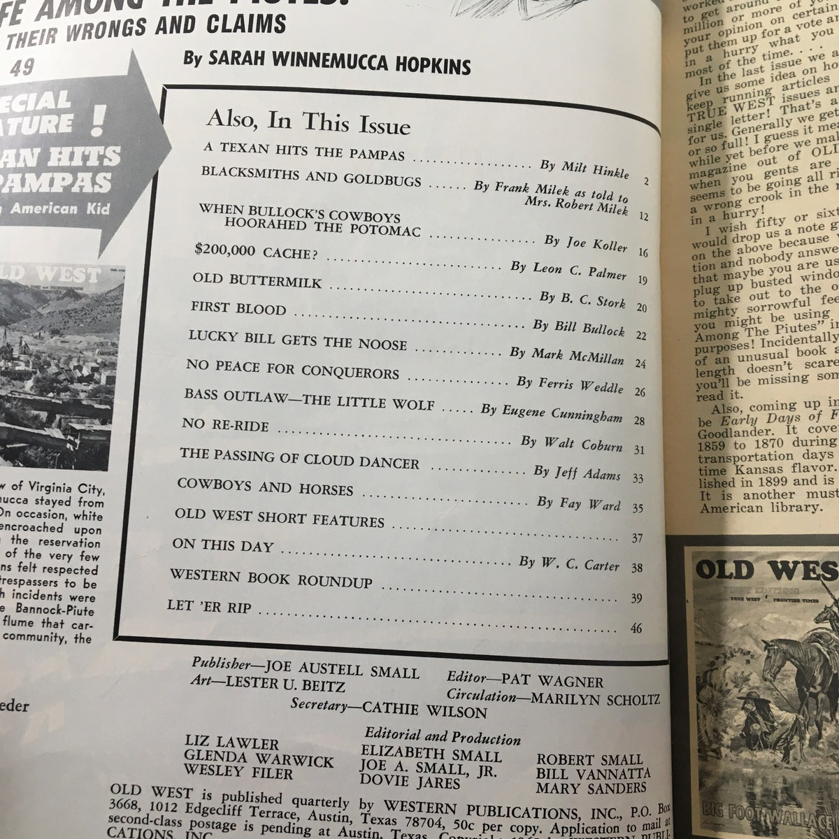 Interior page of VTG Old West Magazine Fall 1965 showcasing the table of contents with articles including 'The Passing of Cloud Dancer' and other Old West stories.