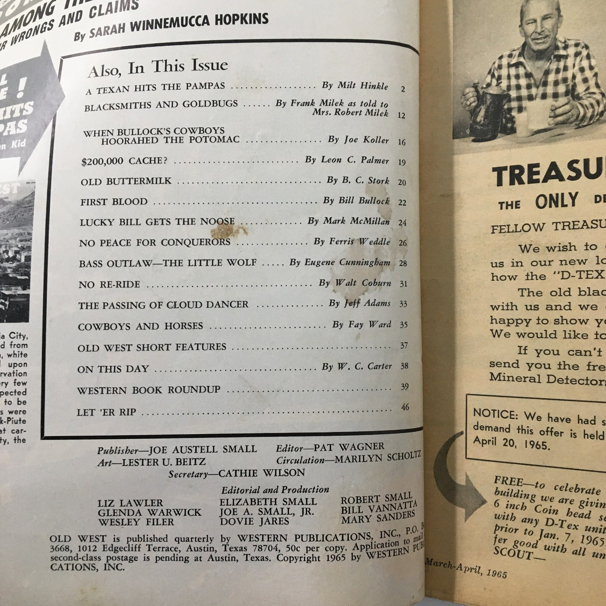 Interior page of VTG Old West Magazine Fall 1965 listing the contents of the issue including articles like 'Lucky Bill Gets The Noose,' emphasizing its historical significance.