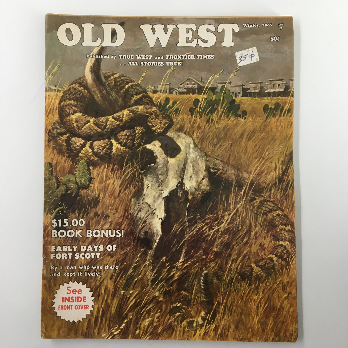 Cover of VTG Old West Magazine Winter 1965 featuring The Apache Kid - Arizona Terror, with a dramatic illustration of a rattlesnake and a cow skull in a natural setting, showcasing the essence of the Old West.