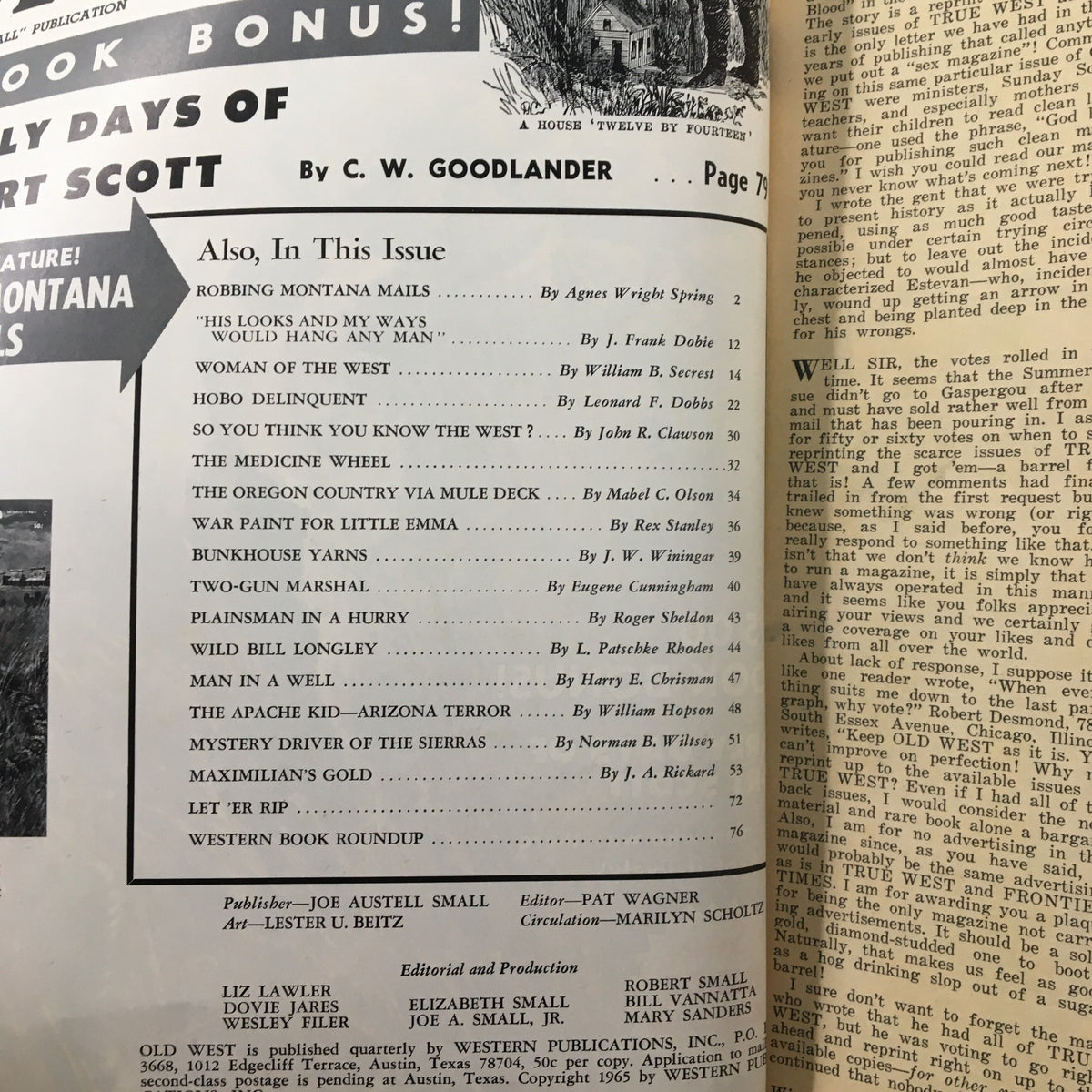 Inside page of VTG Old West Magazine Winter 1965 displaying article titles including The Apache Kid - Arizona Terror, providing insight into the magazine's content on Old West history and legends.