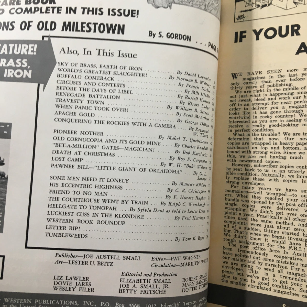 Inside page of VTG Old West Magazine Fall 1966 listing articles including 'Sky of Brass, Earth of Iron'.