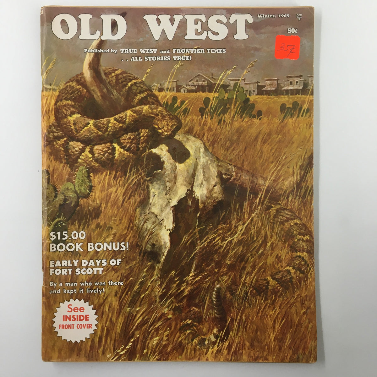 Cover of VTG Old West Magazine Winter 1965 showcasing a rattlesnake and a historic landscape, highlighting the theme of The Oregon Country via Mule Deck.