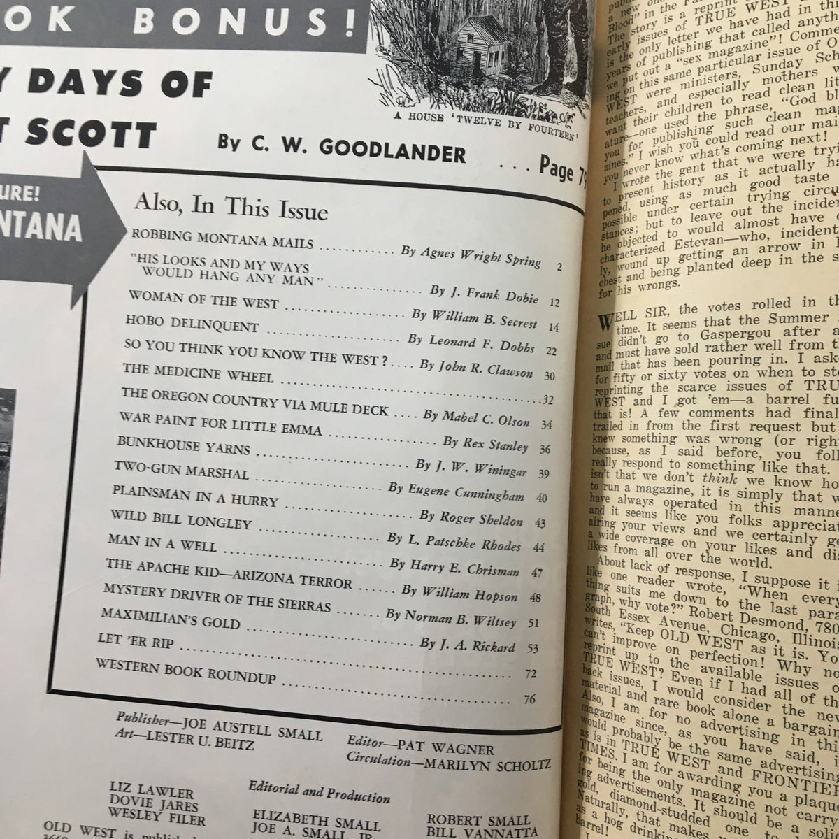Interior page of VTG Old West Magazine Winter 1965 displaying articles, including one about The Oregon Country via Mule Deck, highlighting its vintage charm.