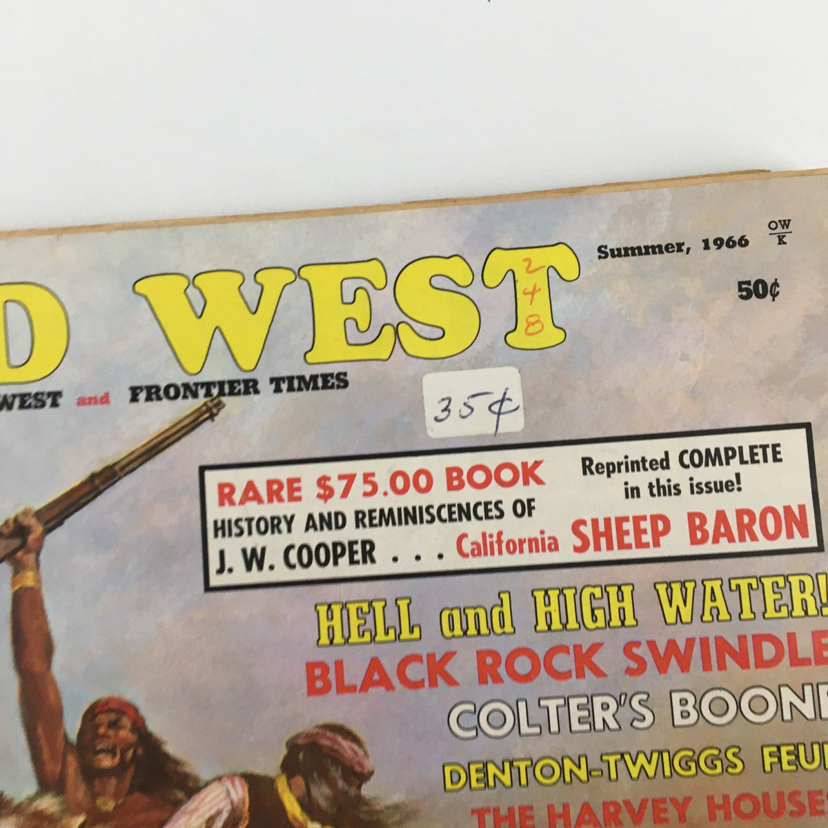 Close-up of VTG Old West Magazine Summer 1966 cover displaying Bert Casey and The Hughes Ranch, featuring details of articles and a price sticker.
