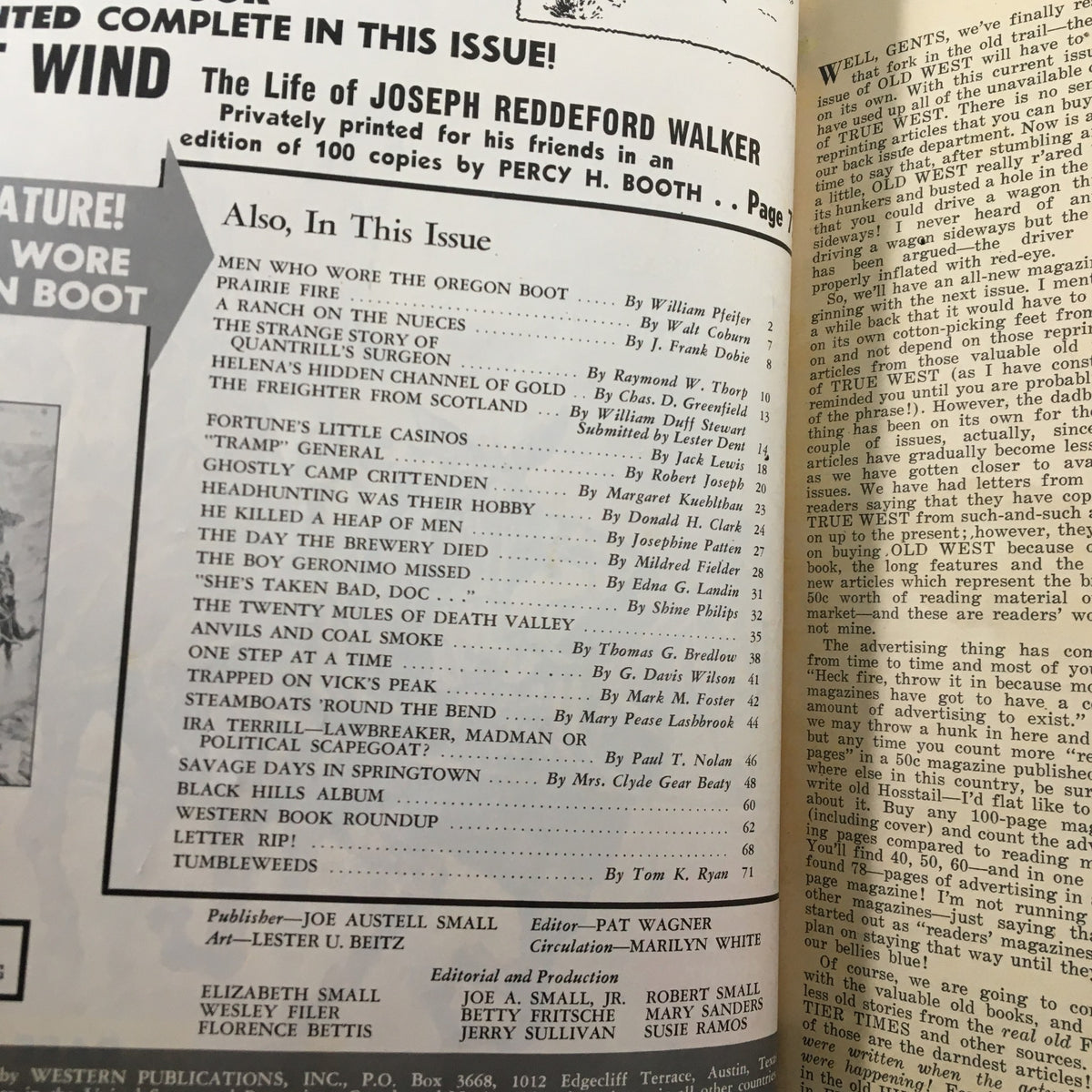 Interior page of VTG Old West Magazine Winter 1966 listing stories, including Helena's Hidden Channel of Gold and other captivating historical articles.