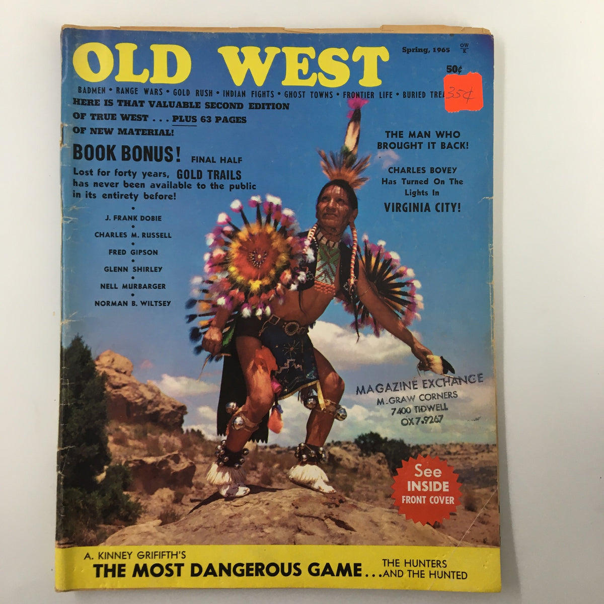 VTG Old West Magazine Spring 1965 cover featuring an Indigenous man in traditional attire, colorful headdress, and the title 'OLD WEST', highlighting the feature story 'The Man Who Was Buried Standing Up'.