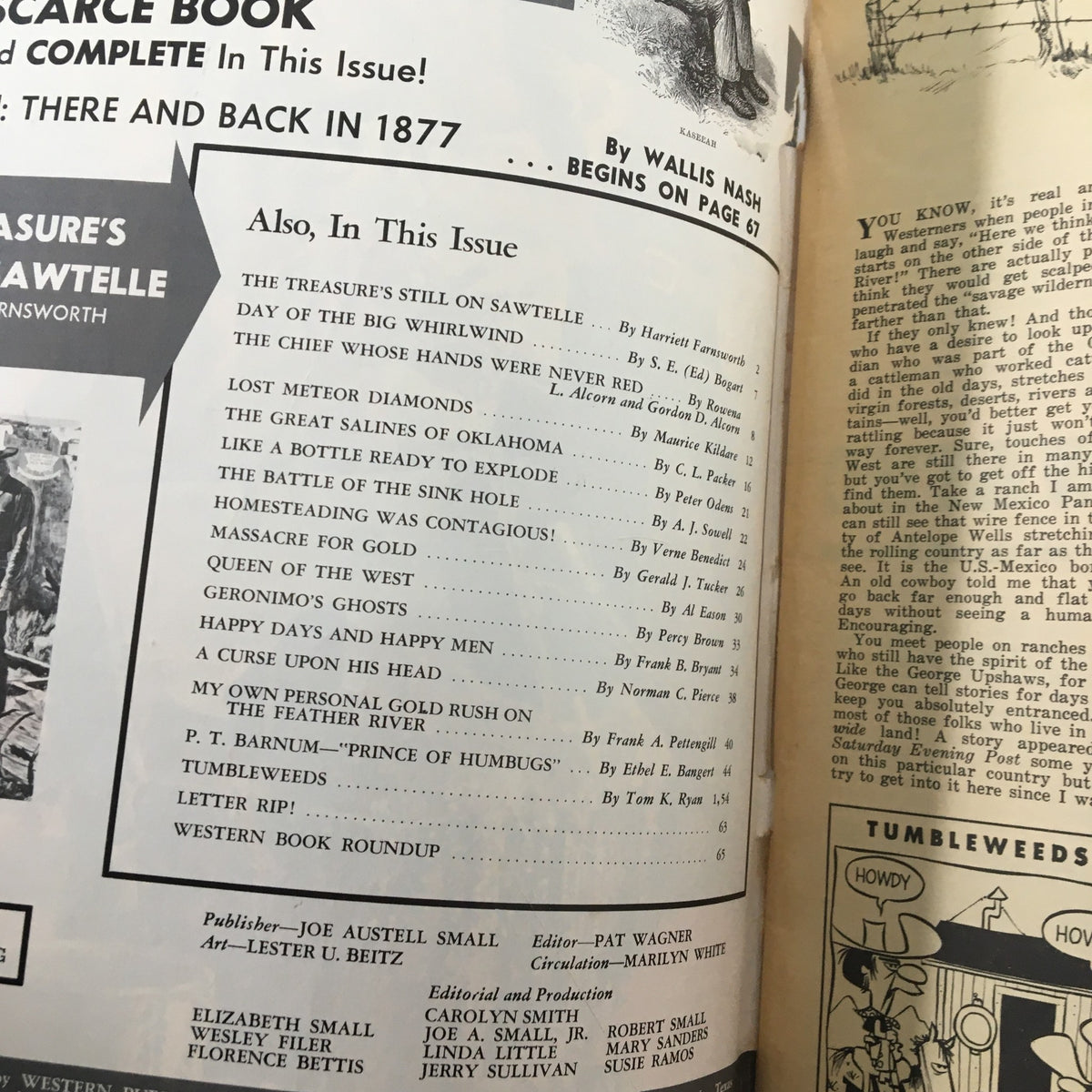 Inside page of Old West Magazine Fall 1967 listing articles in the issue, including 'The Treasure's Still On Sawtelle', reflecting the thematic focus on the American West.