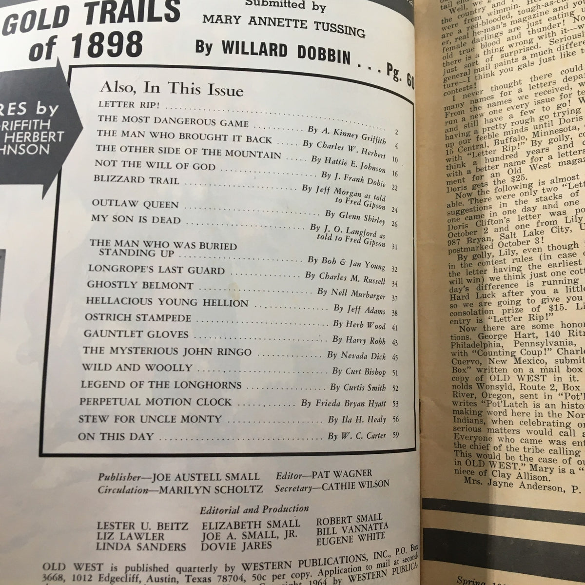 Interior page of VTG Old West Magazine Spring 1965 listing featured articles, including 'The Mysterious John Ringo', highlighting the magazine's content focused on Western history and storytelling.