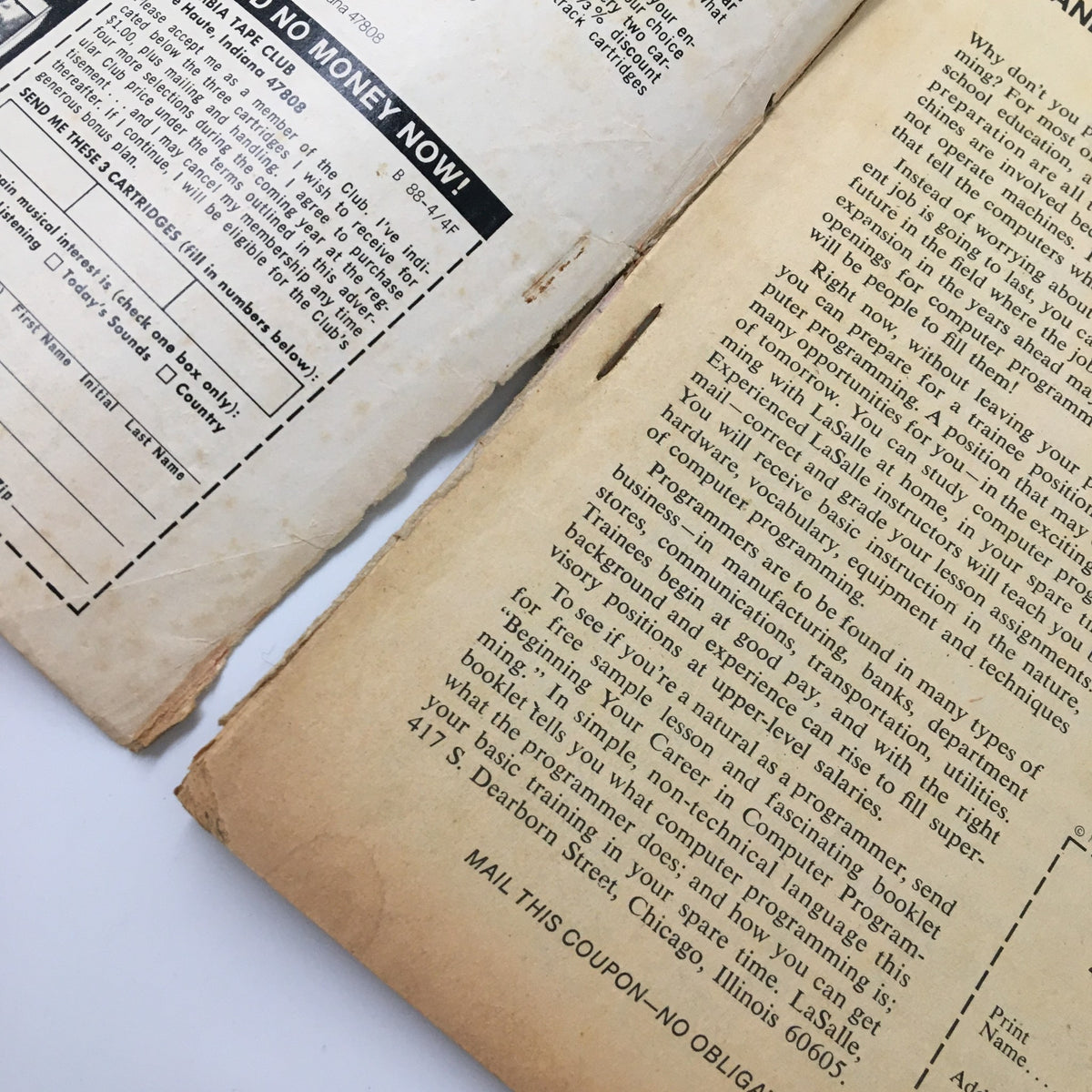Back cover of the VTG Frontier West Magazine June 1971 Vol. 1 #2, showcasing advertisements and printed text with historical context.