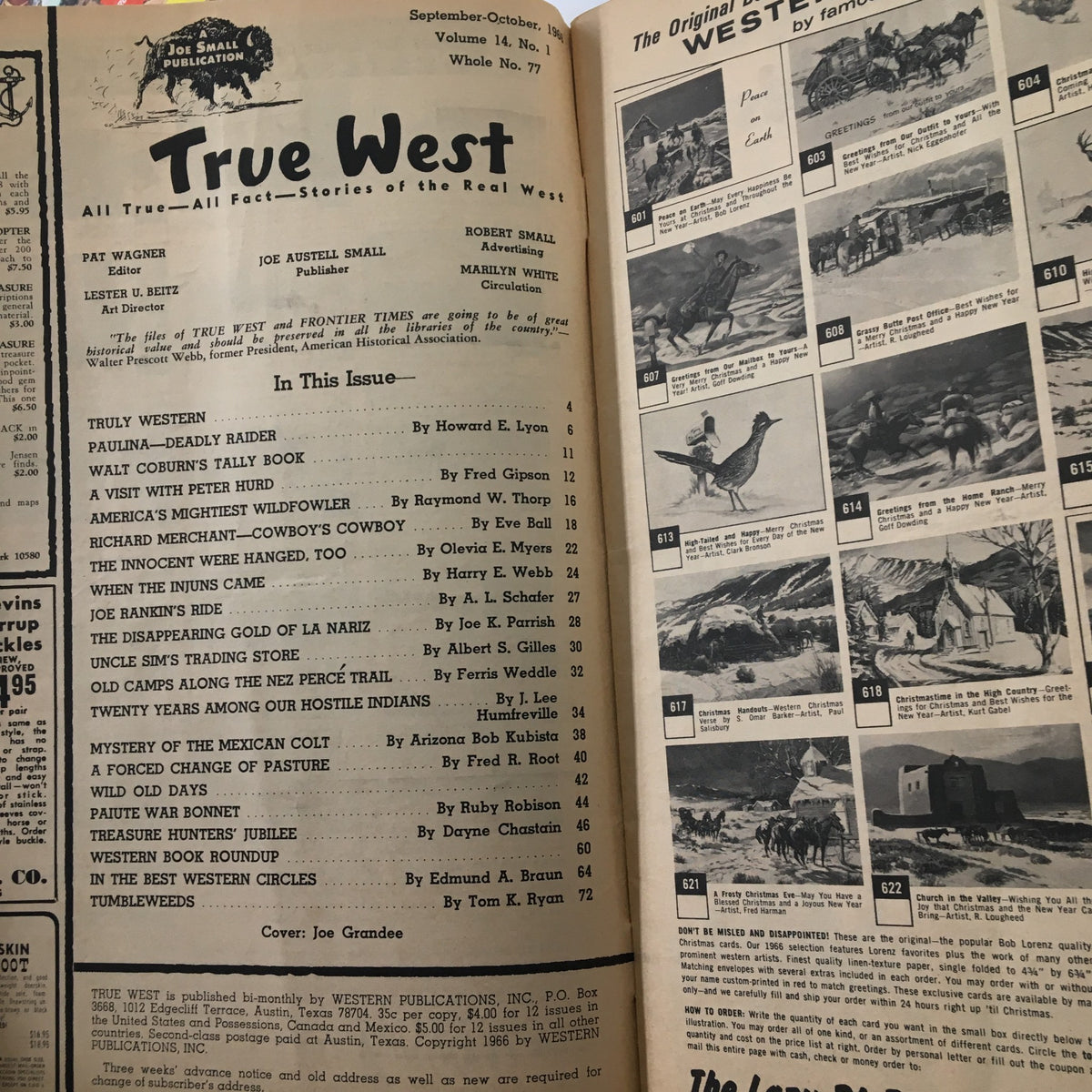 Interior page from True West Magazine, October 1966, listing contents including 'Paulina - Deadly Raider', featuring a classic layout and nostalgic elements of early magazine design.
