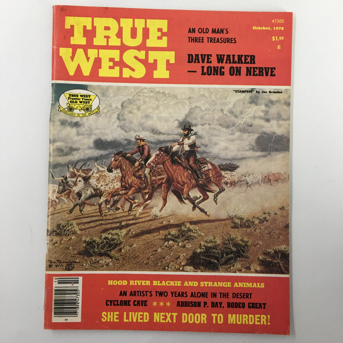 Cover of VTG True West Magazine October 1978 Vol 26 #1 titled 'Dave Walker Long on Nerve' featuring cowboys riding horses with a stormy backdrop.