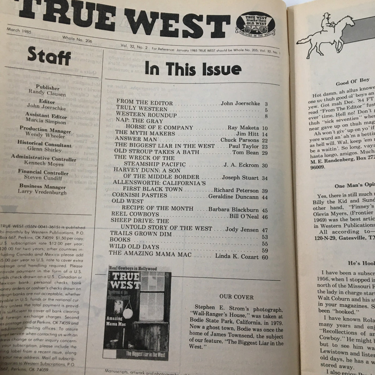 Interior page of True West Magazine, March 1985, Vol 32 #2 showing the table of contents and featured articles including 'Amazing Mama Mac' and 'The Biggest Liar in the West'.