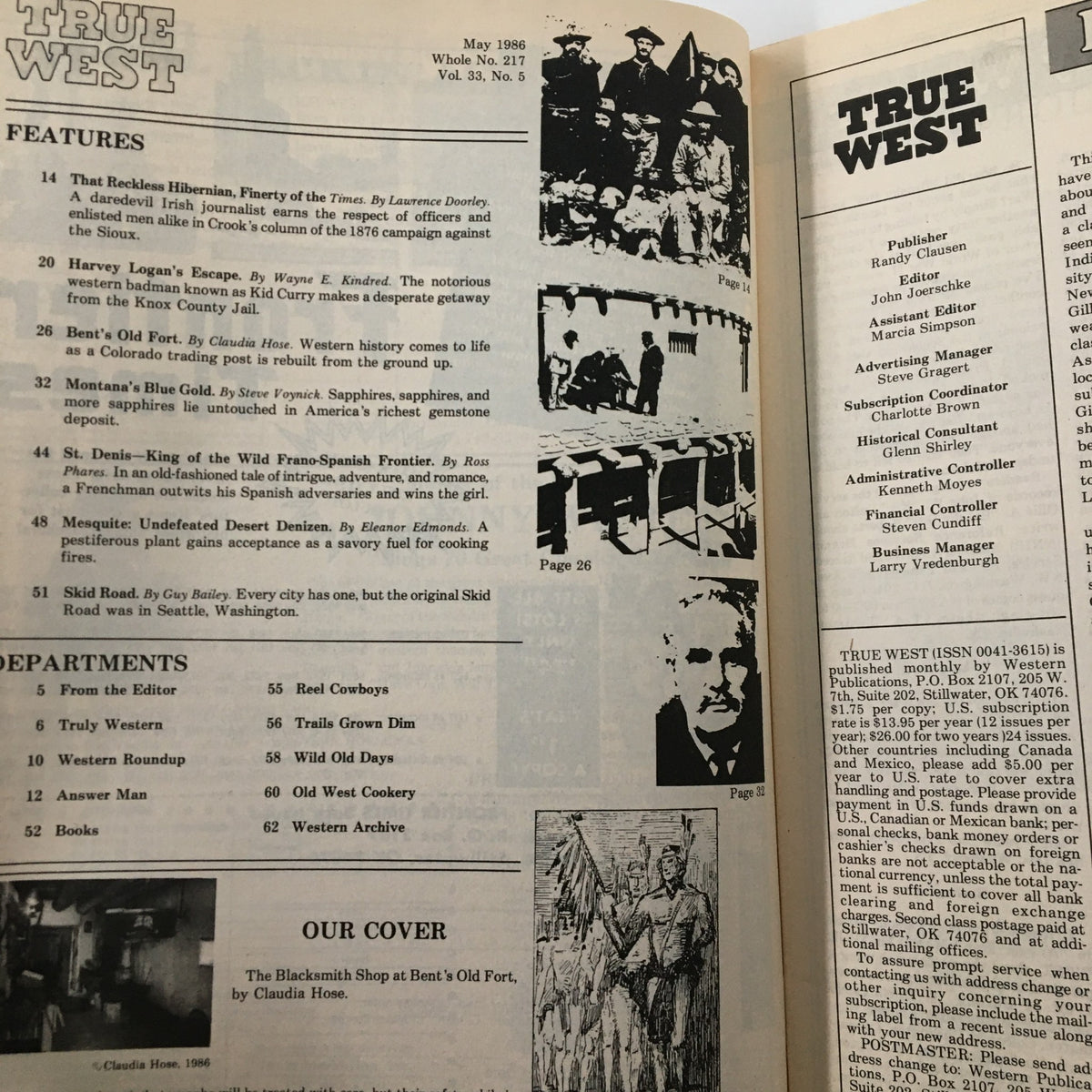 Inside page of VTG True West Magazine May 1986 Vol 33 #5, highlighting features and articles including 'The Blacksmith's Shop at Bent's Old Fort'.