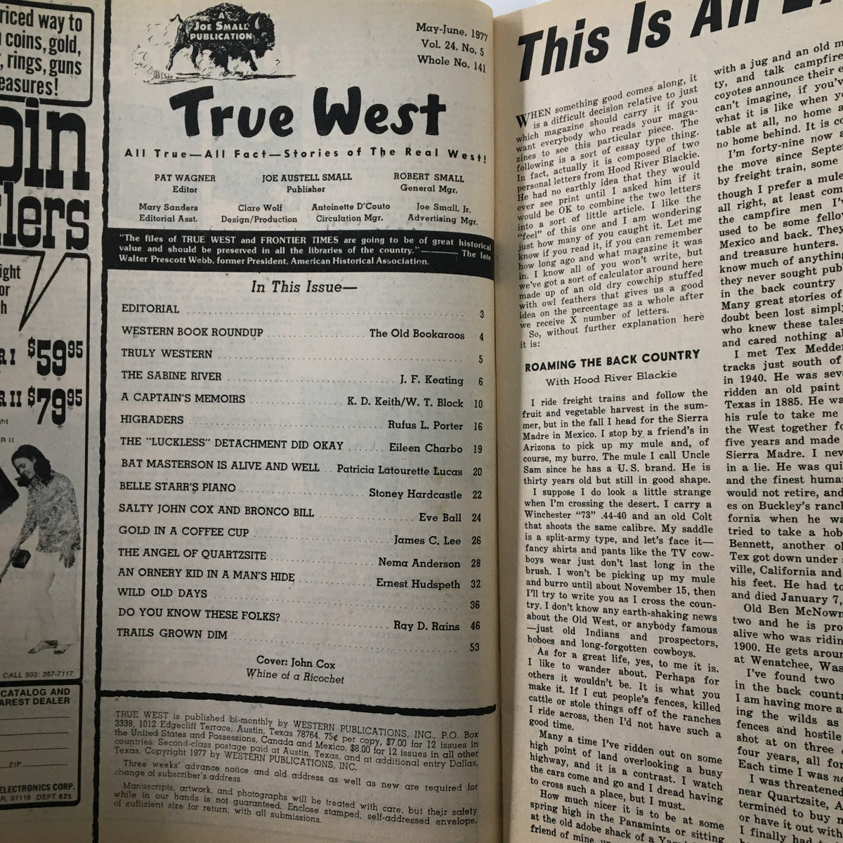 Cover page and contents of VTG True West Magazine June 1977 Vol 24 #5 featuring articles related to Western history, including 'An Ornery Kid In A Man Hide.' This vintage magazine showcases the publication's distinctive design and insightful editorial content from the era.