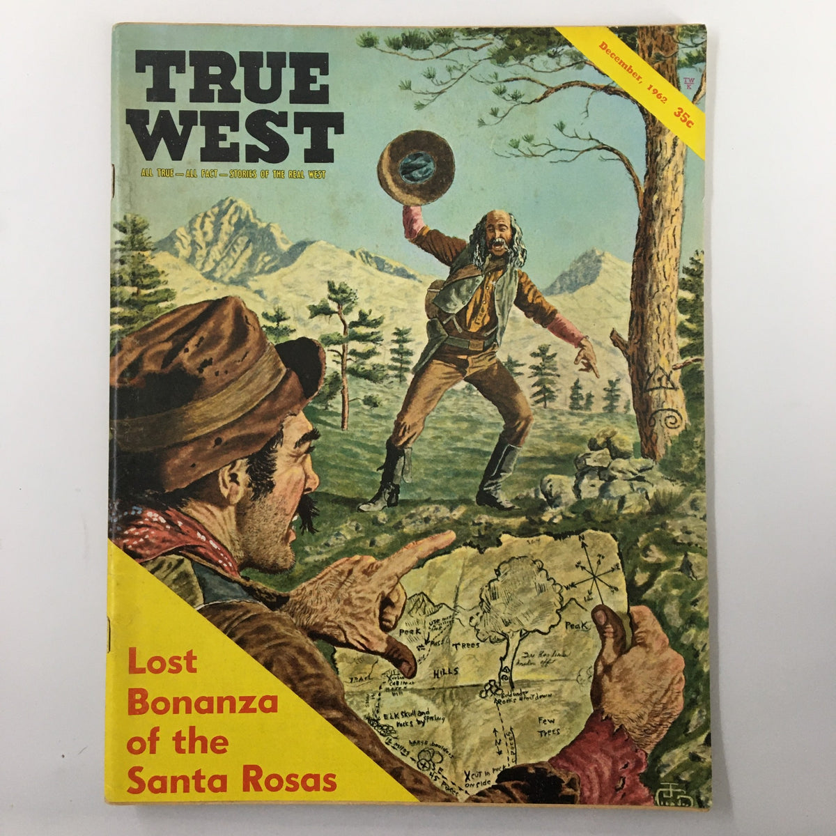 True West Magazine cover from December 1962 featuring the article 'Lost Bonanza of the Santa Rosas', showcasing vintage Western art and depicting a cowboy with a map.