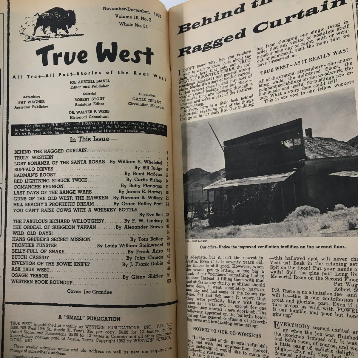 Interior page of the VTG True West Magazine from November 1962, featuring the title and contents of the issue. The page showcases articles related to Western history, including 'Last Days of the Range Wars' and other engaging topics, ideal for collectors of Americana.