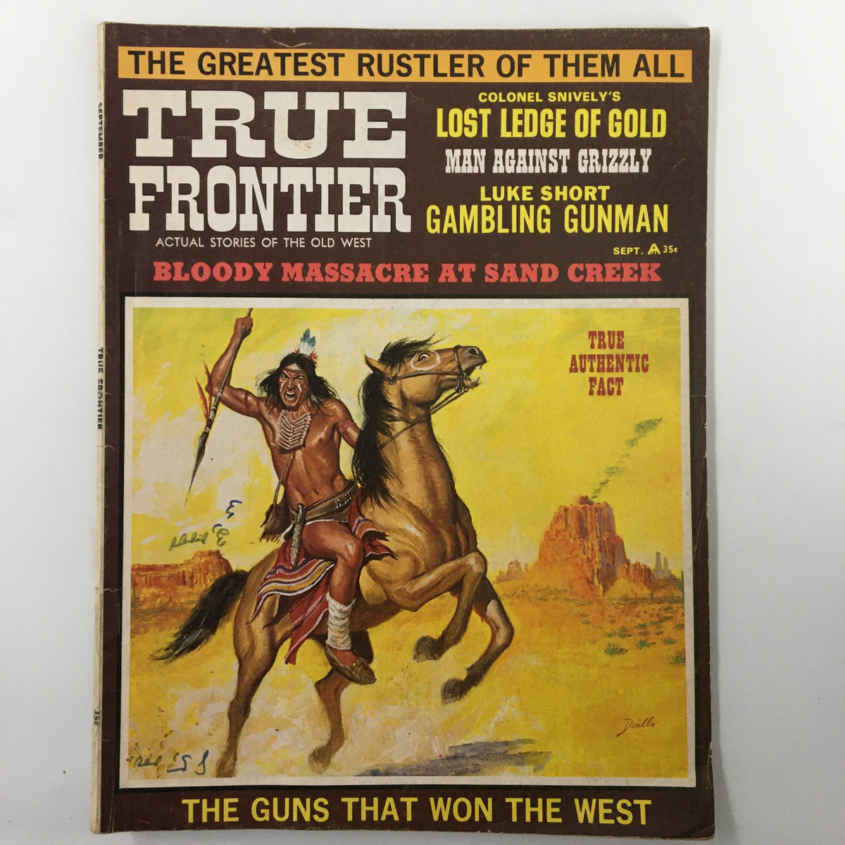 VTG True Frontier Magazine September 1968 Cover featuring a Native American warrior on horseback with a spear and vibrant graphics. The cover is titled 'The Guns That Won The West.'