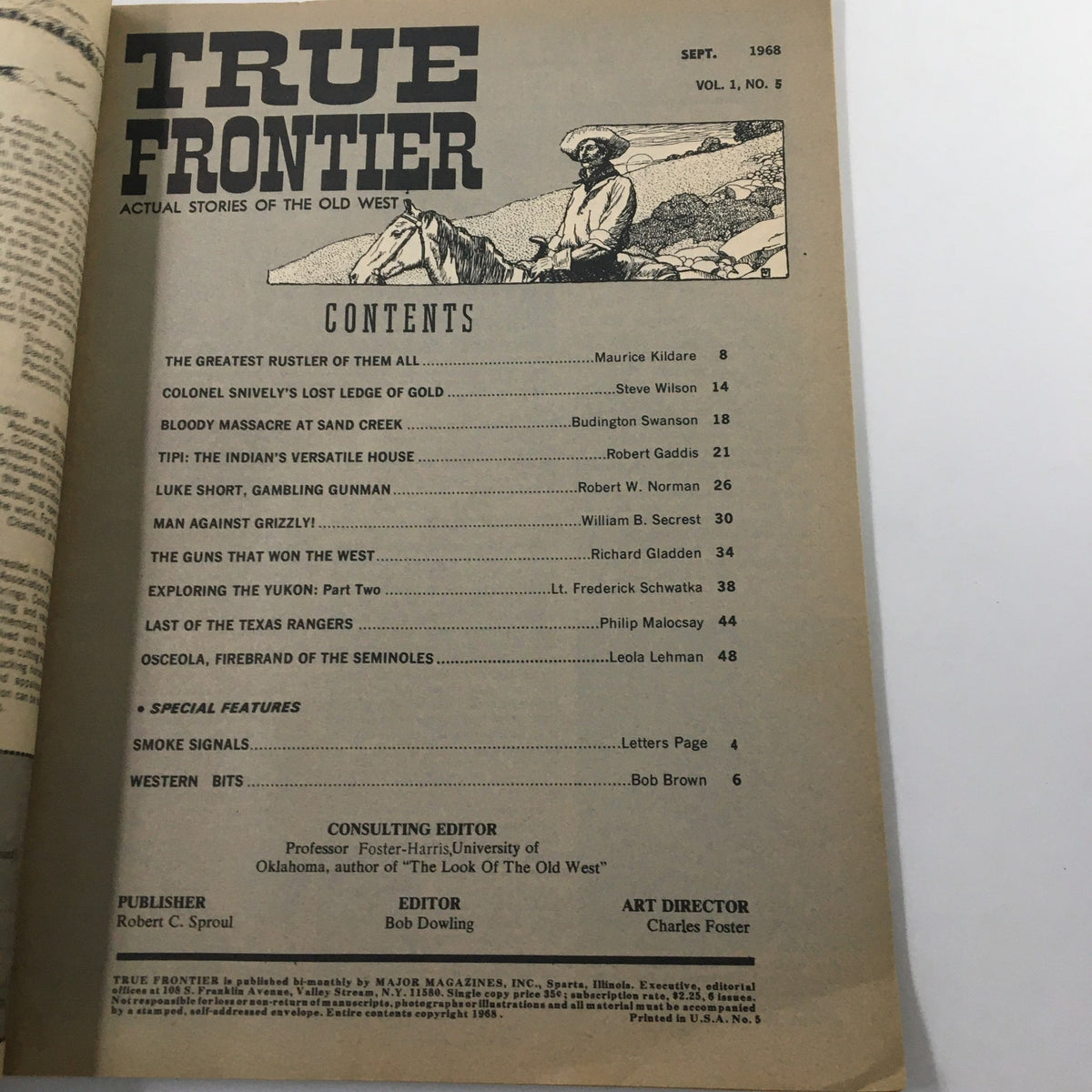 Inside page of the VTG True Frontier Magazine September 1968 showcasing the table of contents, detailing articles including 'The Guns That Won The West' and 'Bloody Massacre at Sand Creek.'