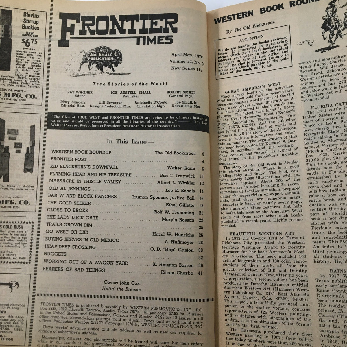 Interior page of the VTG Frontier Times Magazine May 1978, displaying the table of contents and publication details, highlighting articles including 'Massacre in Thistle Valley'.